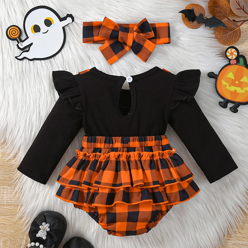 Baby Girl Halloween Outfit Ghost Patch Plaid Ruffle Long Sleeve Romper Dress Bow Headband 2 Piece Set