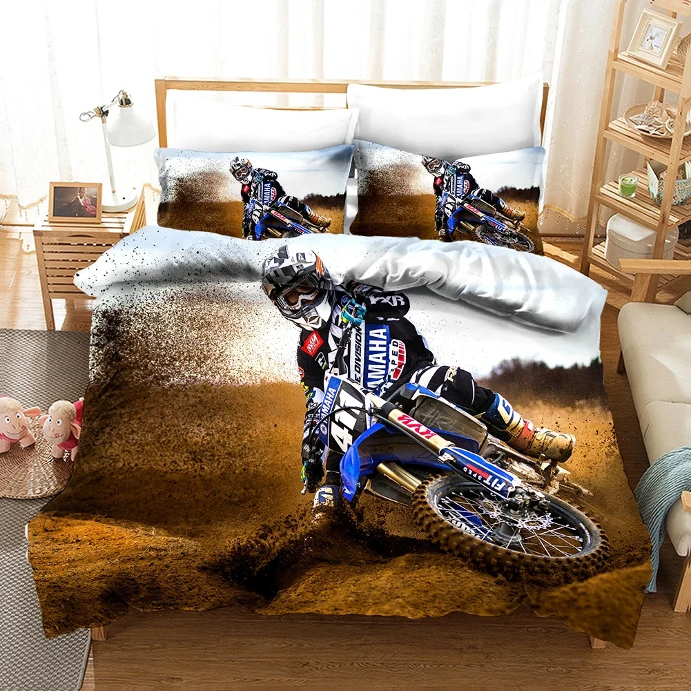 

Luxury Bedding Set Motorcycle Print Duvet Cover Set with Pillowcase Motocross Bedspread boy's Bed Set