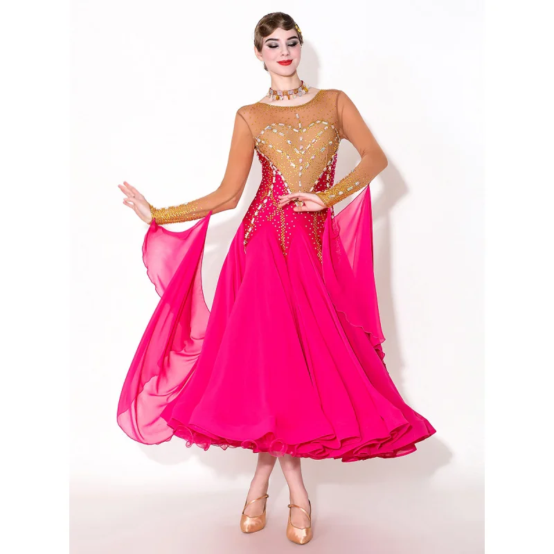 زي الرقص الحديث ذو المستوى العالي MY927 فستان الفالس ذو المعايير الدولية باللون الأحمر الوردي