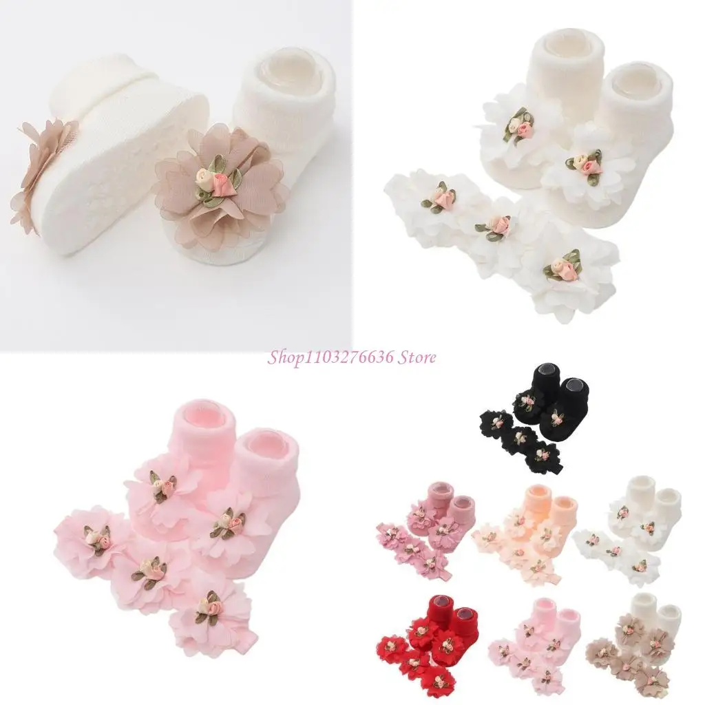

R6FD Soft & Comfortable Baby Ankle Socks with Floral Pattern Stylish Baby Headband with Socks set for Newborns & Toddlers