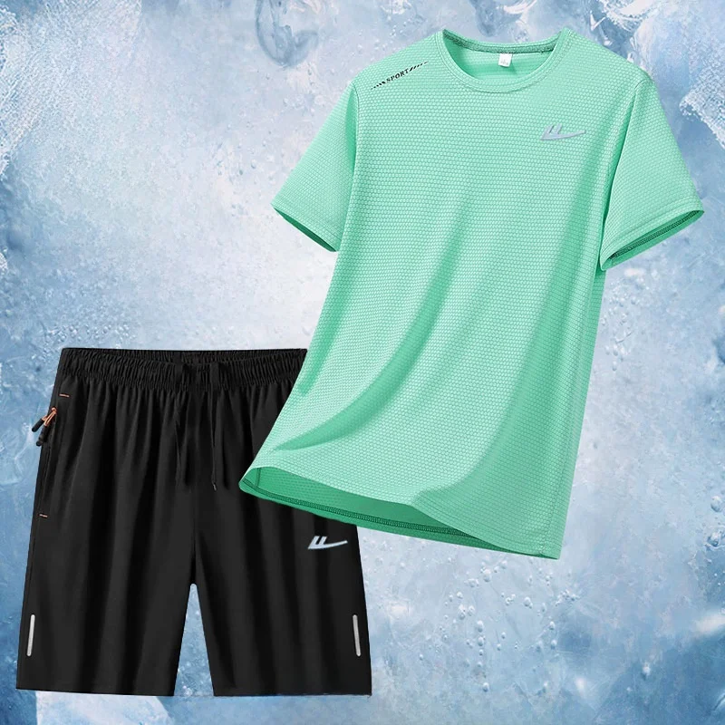 

Breathable Ice Silk Sports Suit for Men Thin Summer Running Fitn Set Casual Sportswear ort Sve T-irt orts Couple