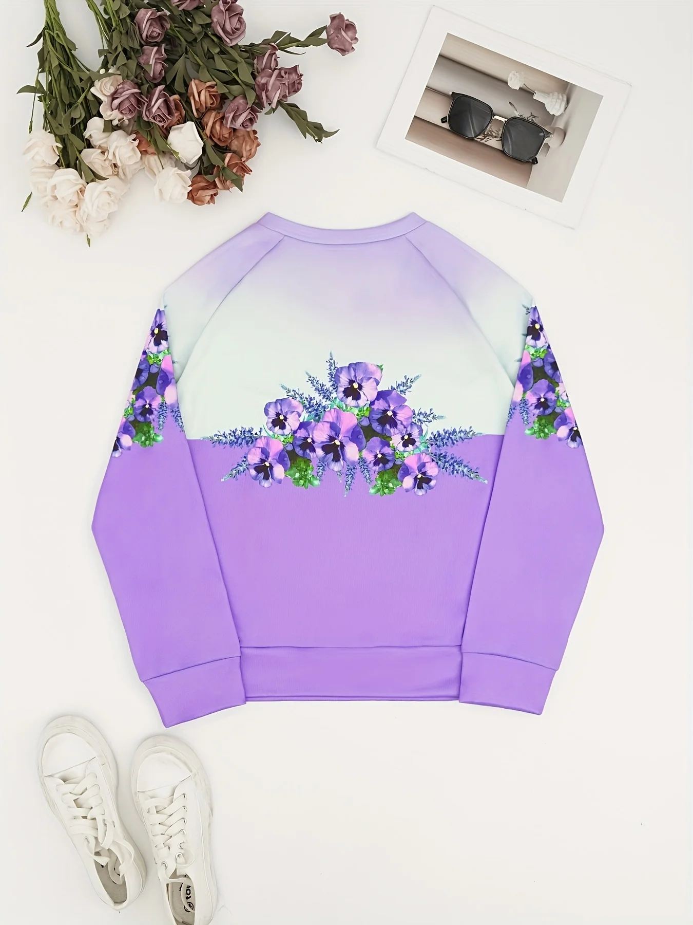 Women's Long Sleeve T-Shirt, Purple Sweatshirt With Violet Flower And Green Leaf Print Across Chest And Sleeves, All-Winter Holiday Style Top Suitable For Leisure And Sports Scenarios