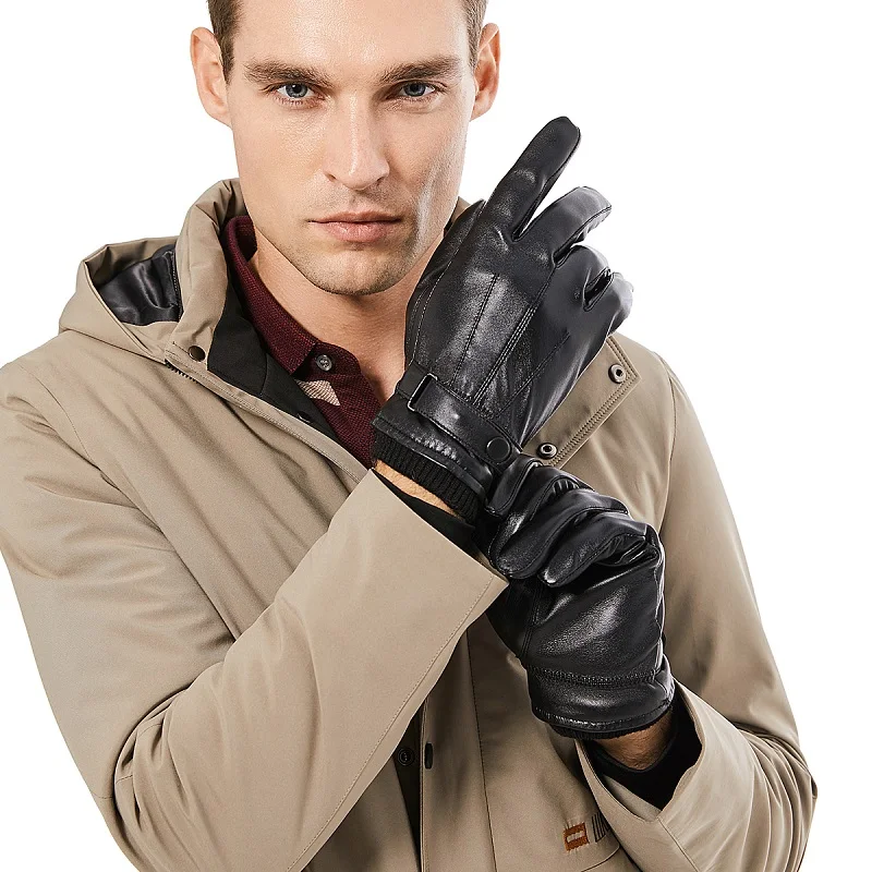 BISON DENIM Genuine Sheepskin Leather Men Gloves Autumn Winter Windproof Warm Touch Screen Full Finger Gloves High Quality S019