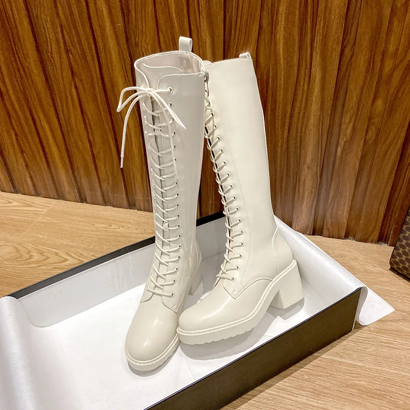 White Women\'s Long Boots Lace-up High Heel Knight Boots Over-the-knee Thigh-high Petite Size Internet Celebrity Mid-calf