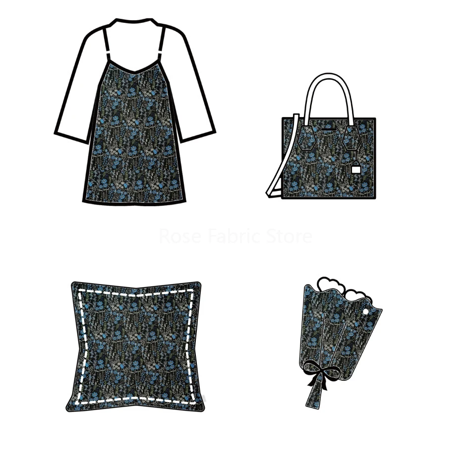 1 Meter  Black Bottom Small Blue Flower Embossed Yarn Dyed Jacquard Fabric Dress Coat Diy Sewing Brocade Fabric