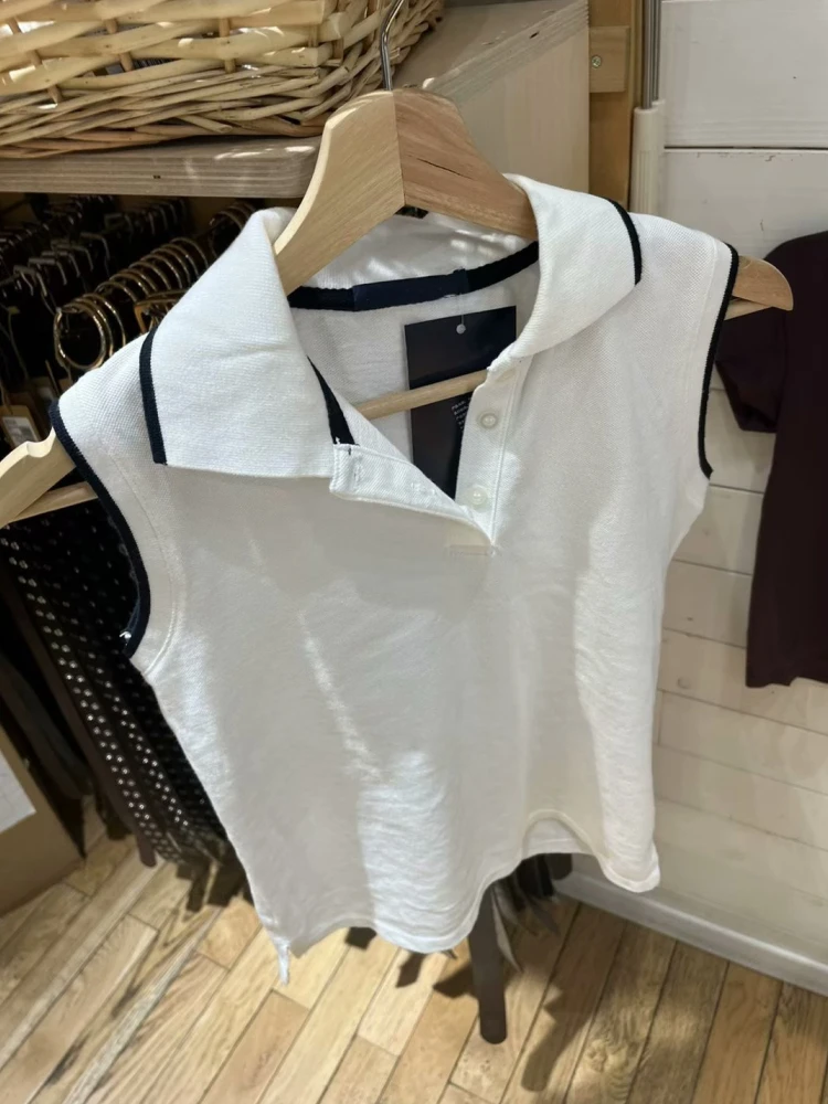 Casual Women Front Buttons White Polo Vest 2023 Summer Fashion Ladies Casual Vest Female Neck Sleeveless Solid Color Tops