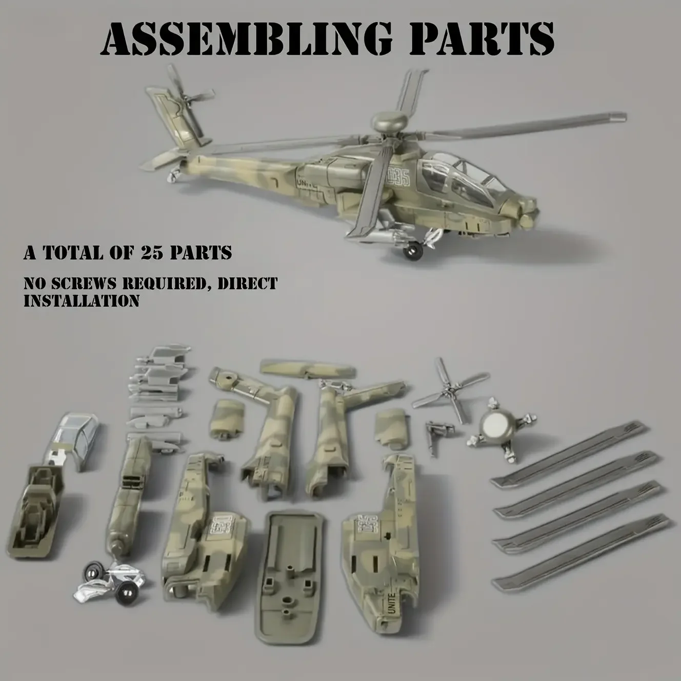1:72 Scale Ah64 Helicopter Model Kit, Diy Collectible Model, Durable Plastic, Desktop Decor, Office Desk Ornament, Perfect Gift for Collectors and Aviation Enthusiasts