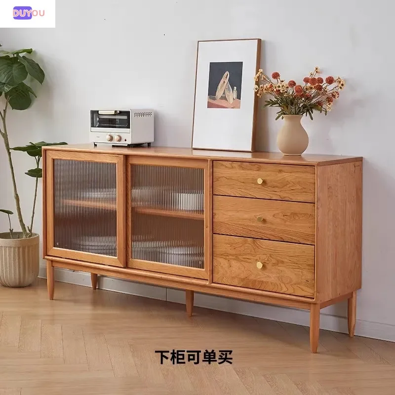 for Solid Wood Cherry Dining Side Cabinet with Rock Slab Track Countertop Kitchen Cupboard for Small Apartment Japanese Style