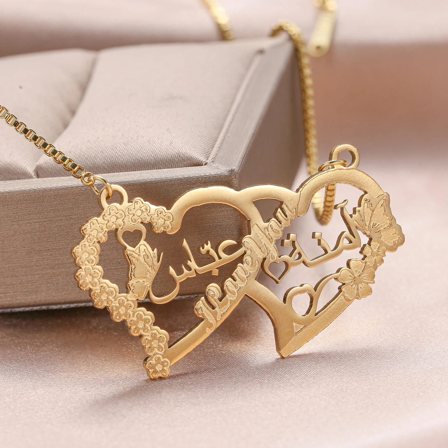 Personalized Arabic Name Two Love Necklace Box Chain Custom Etched Flower Butterfly Pendant Islamic Jewelry Couple Gift For Her