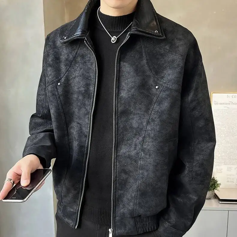 الخريف رجل سترة جلدية خمر الشرير التباين اللون المرقعة رفض طوق الذكور معطف طويل الأكمام يندبروف الرجال ملابس خارجية