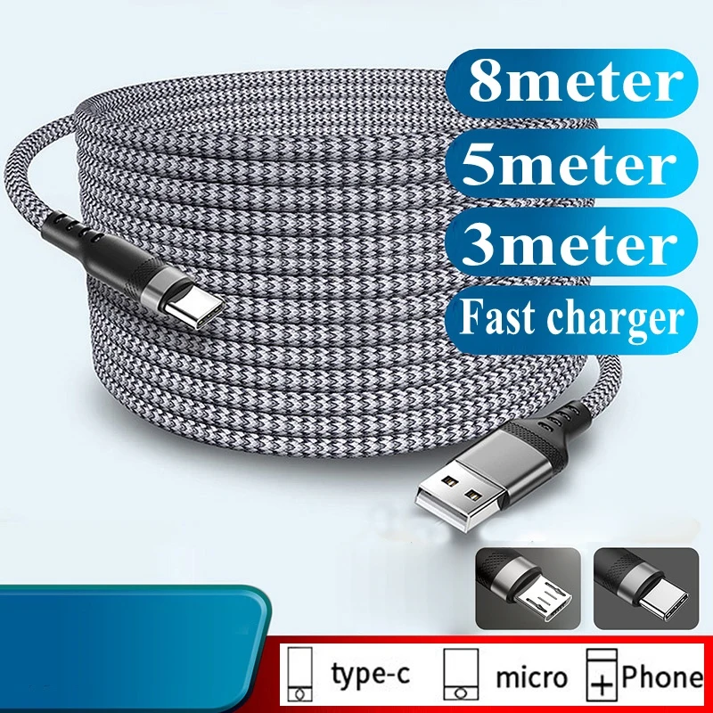 6A Fast Charging Cable USB Type C Micro USB Cable Braided Extended Data Cable for iPhone Samsung Switch PS5 1m 1.5m 2m 3m 5m 8m