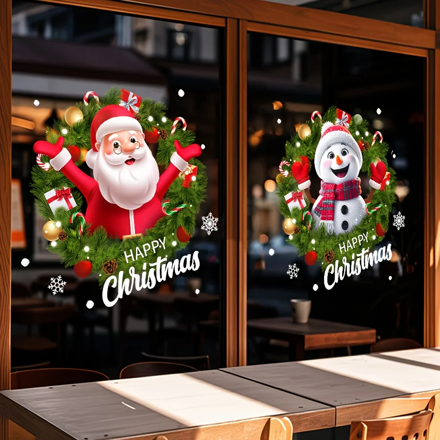 2 Stück Weihnachts-Fensteraufkleber, Cartoon-Weihnachtsmann und Schneemann, Glasaufkleber, Cartoon-Urlaubsaufkleber, festliche Charakteraufkleber