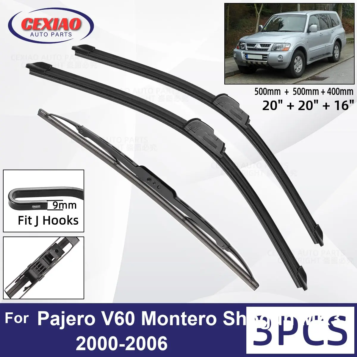 

For Mitsubishi Pajero V60 Montero Shogun MK3 2000 - 2006 Car Front Rear Wiper Blades Windscreen Wipers Auto Windshield 20"20"16"