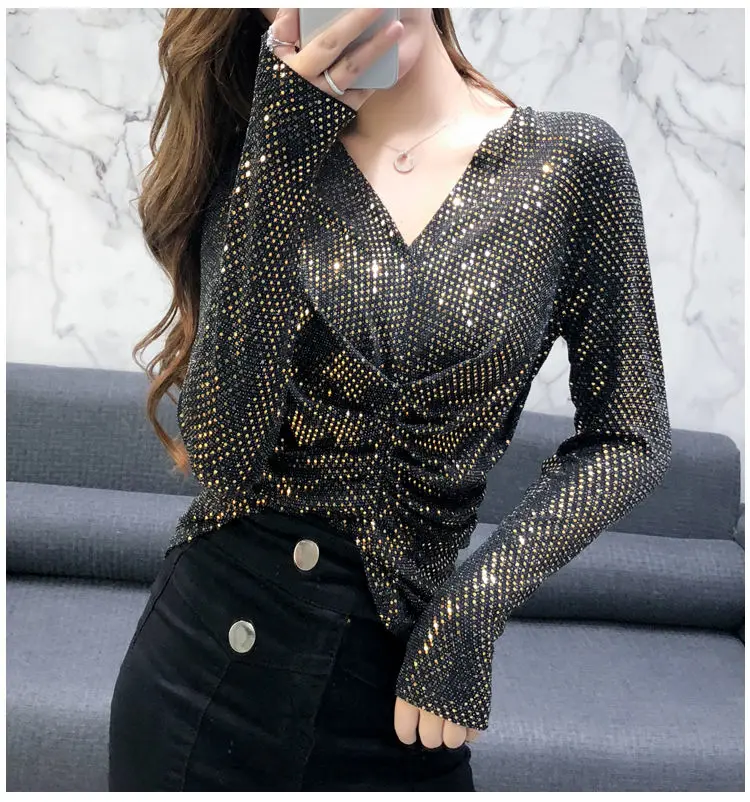 Korean New Fashion Tight Women Tops and Blouses Long Sleeve Bright Sequins Sexy Clothes Backing Slim Women Shirts