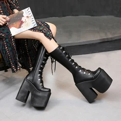 16cm Chunky Goth Boots Women High Heels Platform Long Boots Fall Female Punk Cosplay Shoes Black Knee Bottines Femmes