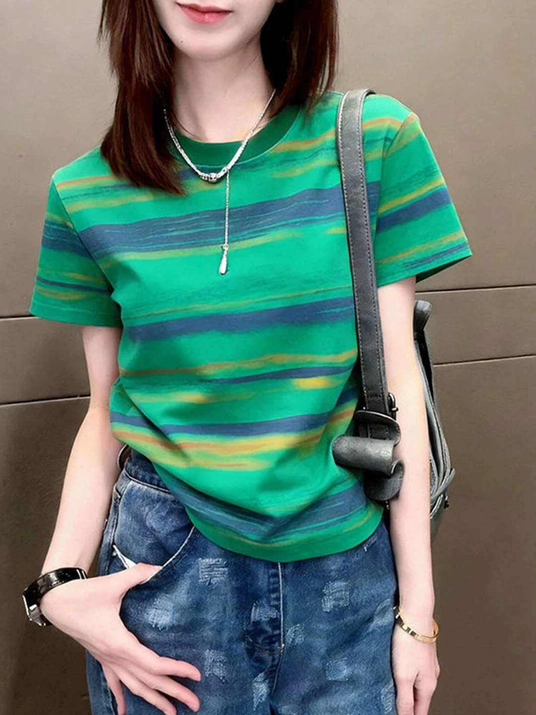 Slimming Effect Pure Cotton Short Sleeve T-Shirt round Neck Shoulder Stripe Casual Summer Top for plus Size Women