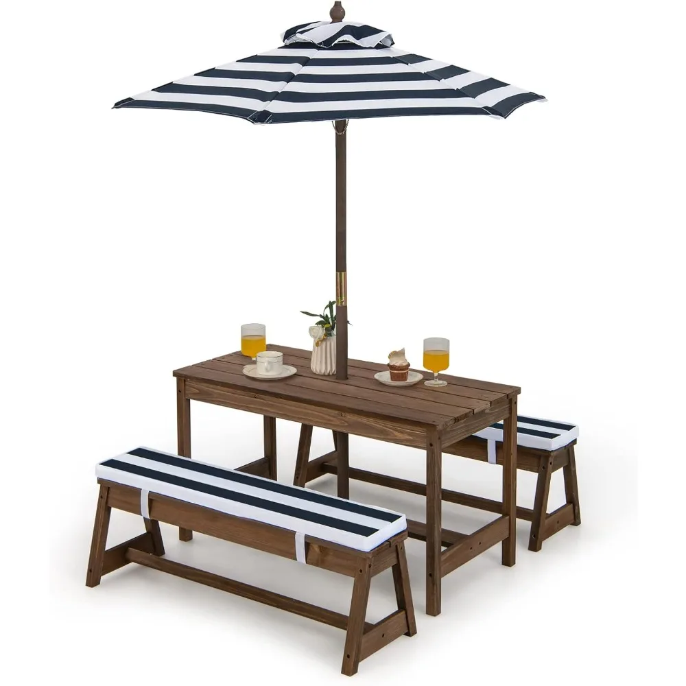 

Kids Picnic Table, Toddler Wood Table & Chair Set w/Cushions, Height Adjustable Umbrella, Children Activity Table