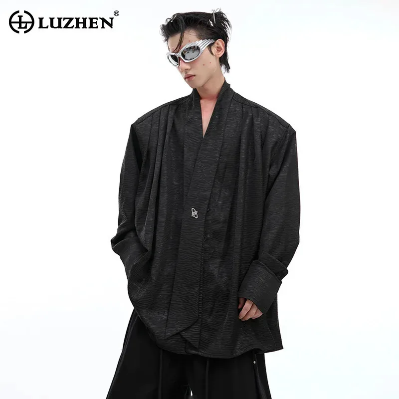 

LUZHEN Shirts Long Sleeve V-neck Shoulder Padded Asymmetric Design Original Plain Trendy Street Personalized Men's Tops LZ5252