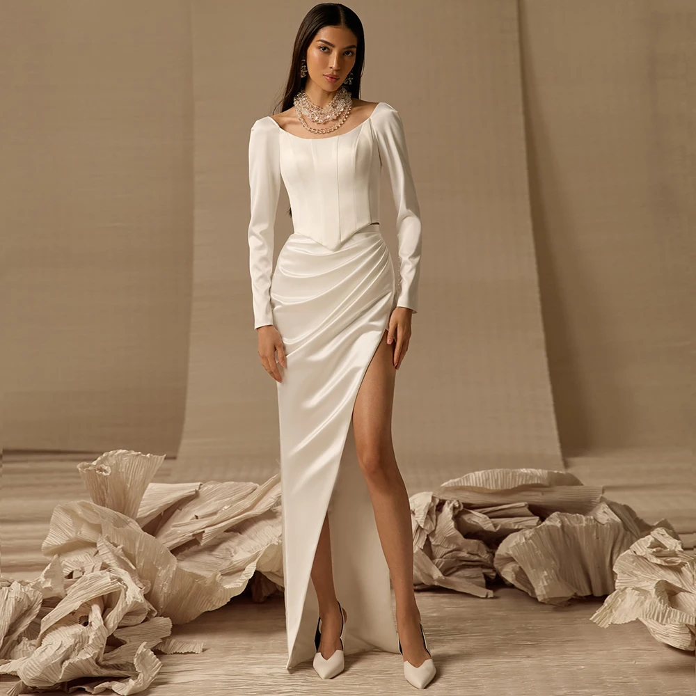 Modern Two Piece Draped Waist White Satin Sheath Wedding Dress with Side Slit Customized Sccop Long Sleeves Bridal Gowns