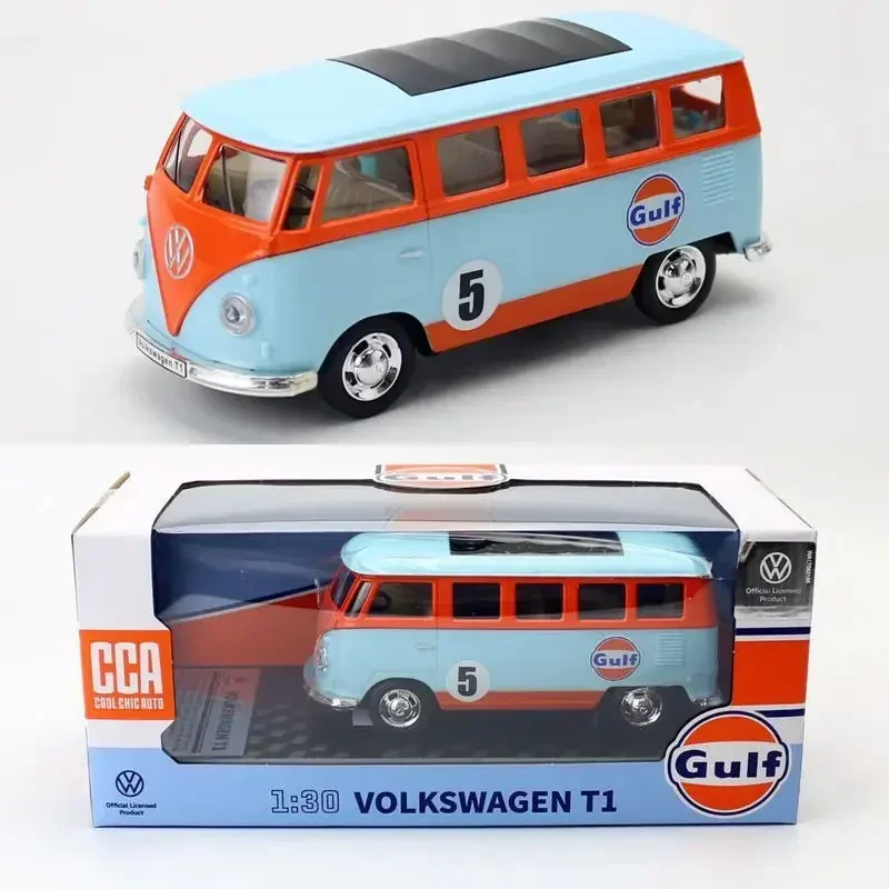 1:30 Volkswagen T1 Samba Bus Transporter Van Gulf Blue Alloy Diecast Model Toy with Decoration Base VW Official Licensed Product