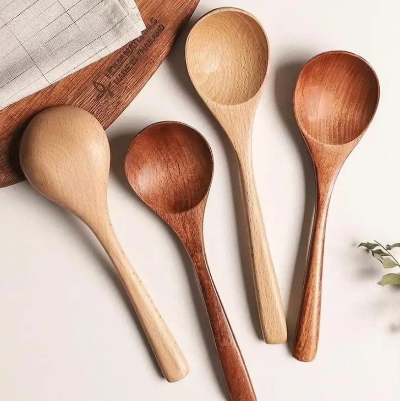 Japanese Style Big Wood Round Soup Spoon Beech Wooden Rice Ramen Scoop Spoons Kitchen Tableware 20x6cm ni618