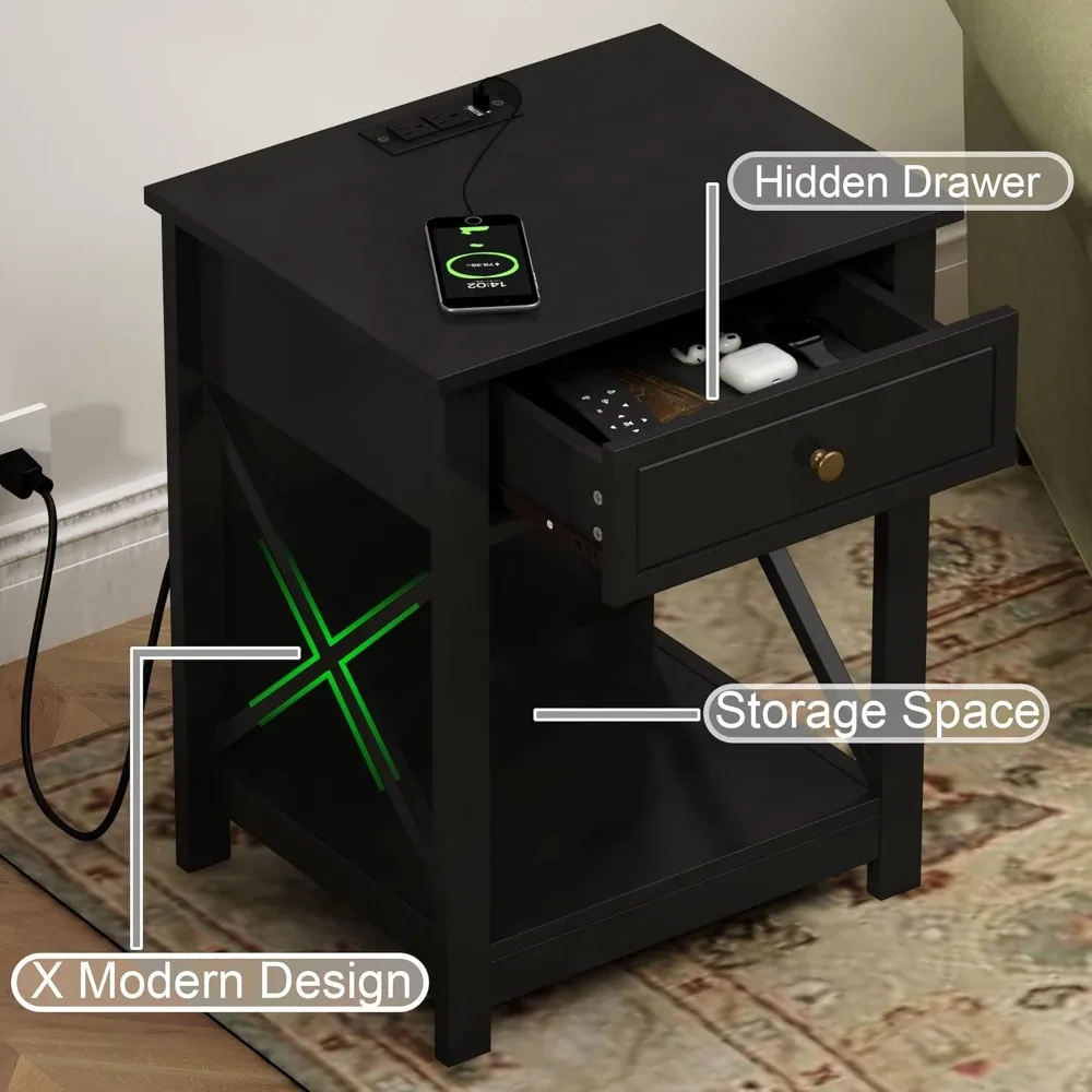 Treocho Schwarzes Doppel-Beistelltisch-Nachttisch-Set mit Ladestation, Beistelltischen im X-Design mit 2 AC- und USB-Anschlüssen, kompaktes Ni