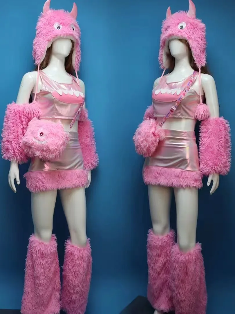 2 Style Cute Plush Hat+Cuff+Bikini Short/Skirt Set Party Gogo Performance Dress Female Singer DJ Dance Nightclub Bar Stage Wear