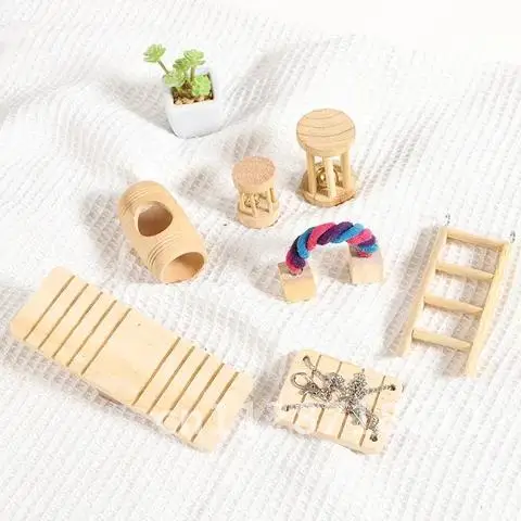 Adorable Wooden Rabbits Toys Natural Pine Dumbells Unicycle Bell Roller Chew Toys for Guinea Pigs Rat Small Pet Molars Supplies