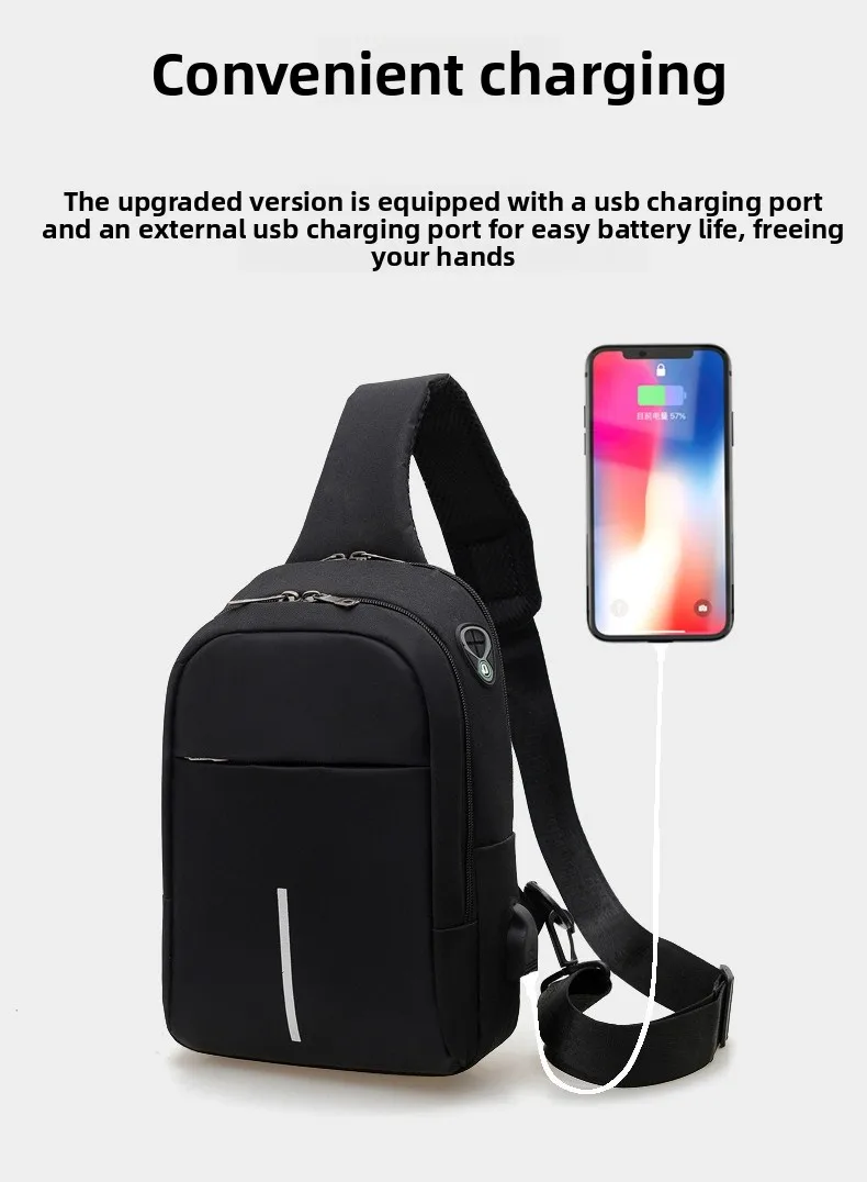 New Casual Men's Chest Bag, Portable Charging Headphone Jack Crossbody Bag, Water-resistant and Multi-purpose Single-shoulderbag
