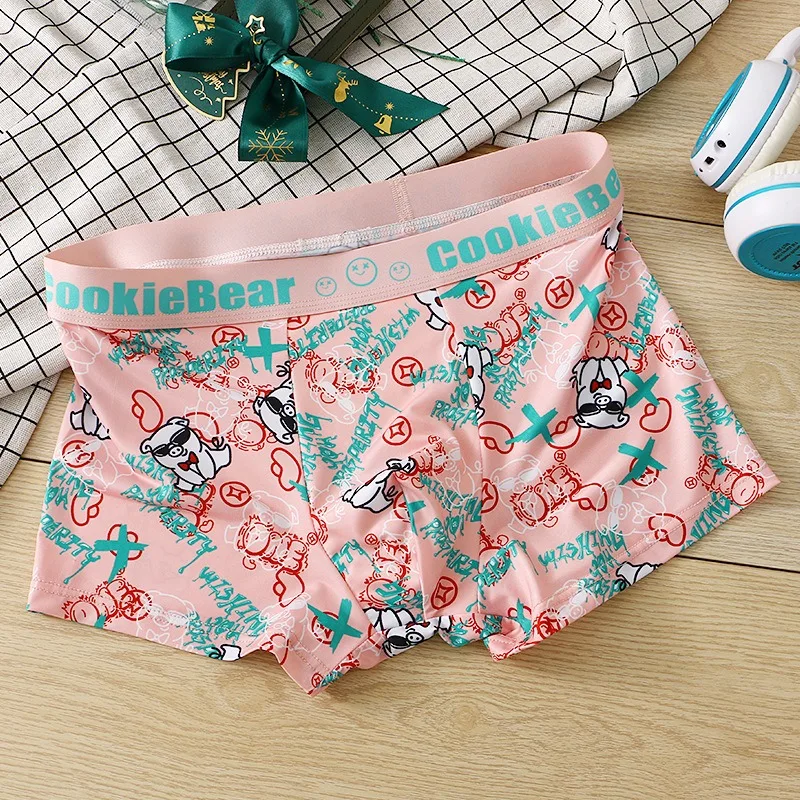 Pantaloncini coordinati in colore U Custodia convessa Stampa in cartone Boxer piatti Biancheria intima sexy in seta ghiacciata Qucik-Dry Mutandine traspiranti Regalo per uomo
