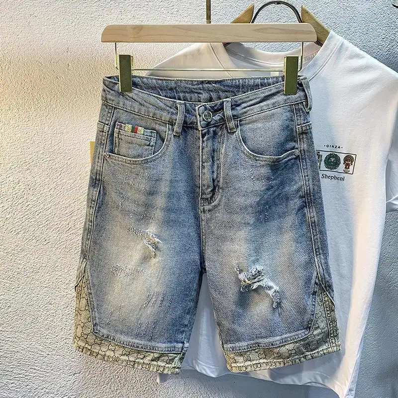 Summer Thin 2025 Denim Shorts Men's Trendy Brand Splicing Printing Trendy Brand Casual Washed Menswear Clothing Short Pants