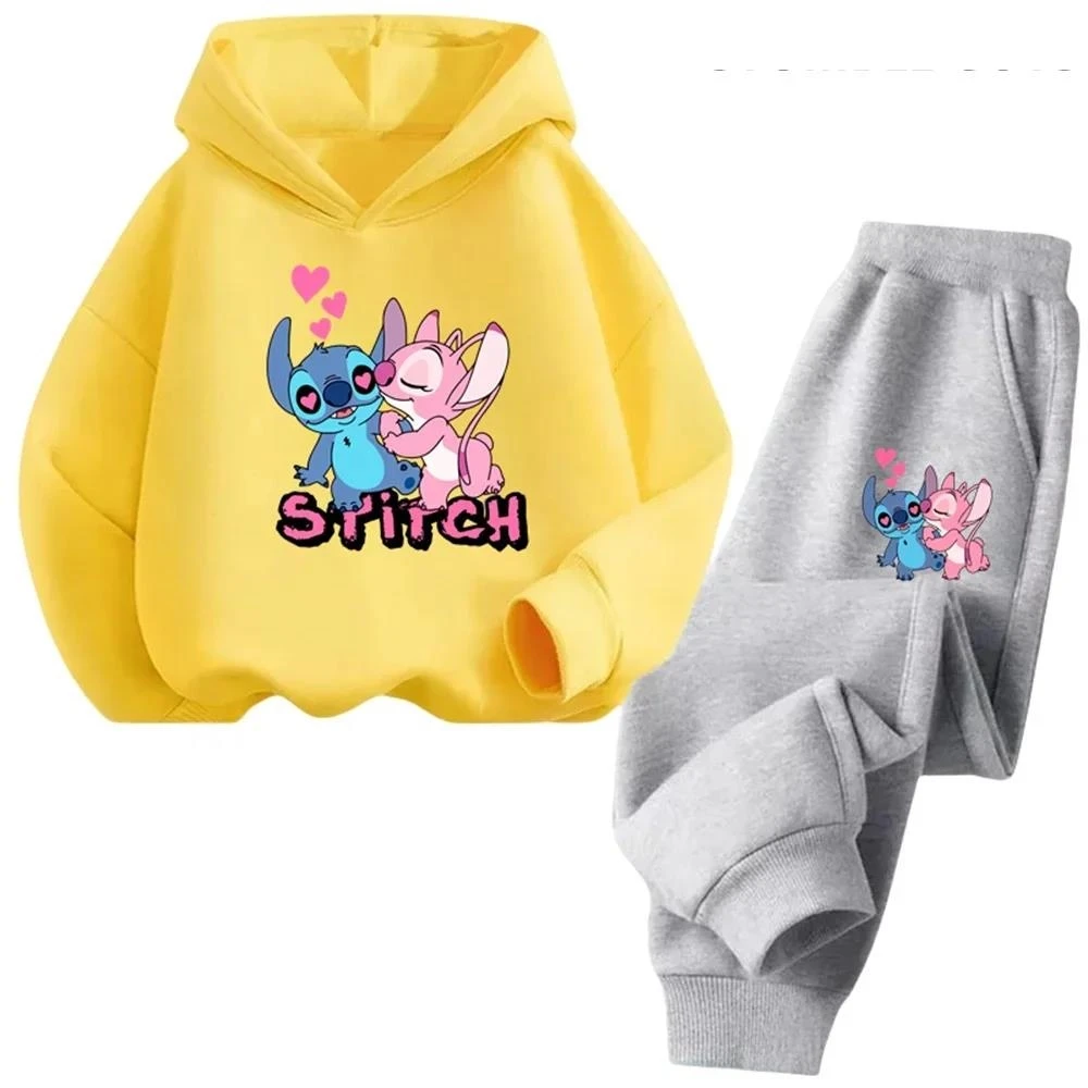 Felpa con cappuccio Kawaii Stitch per ragazze felpa Casual a maniche lunghe + Set di pantaloni lunghi per 2-13 anni bambini autunno 2 pezzi Set abbigliamento