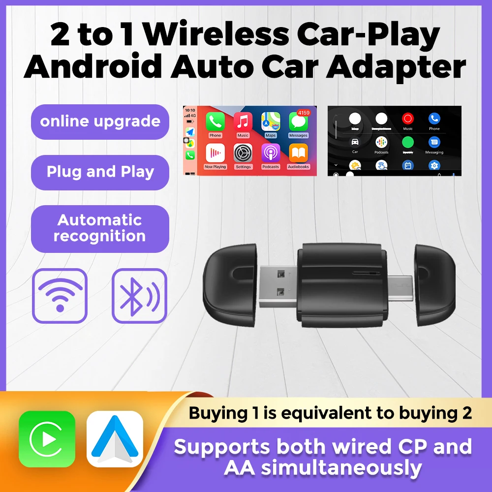 Wireless CarPlay Android Auto AI Voice Control Split Screen GPS USB Type-C 2 to 1 Car Adapter For Audi Golf Peugeot Mazda KIA BZ