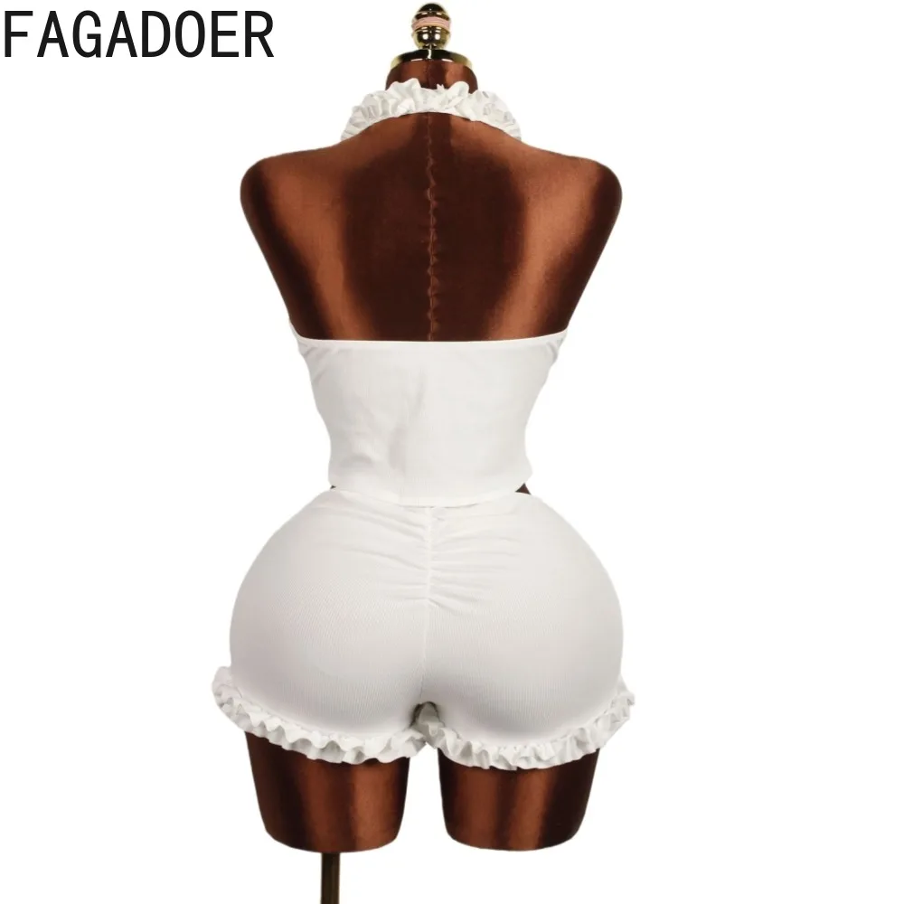 FAGADOER Sexy Ribbed Two Piece Outfits Woman Halter Backless Ruched Patchwork Crop Top and Shorts Matching Female Streetwear New
