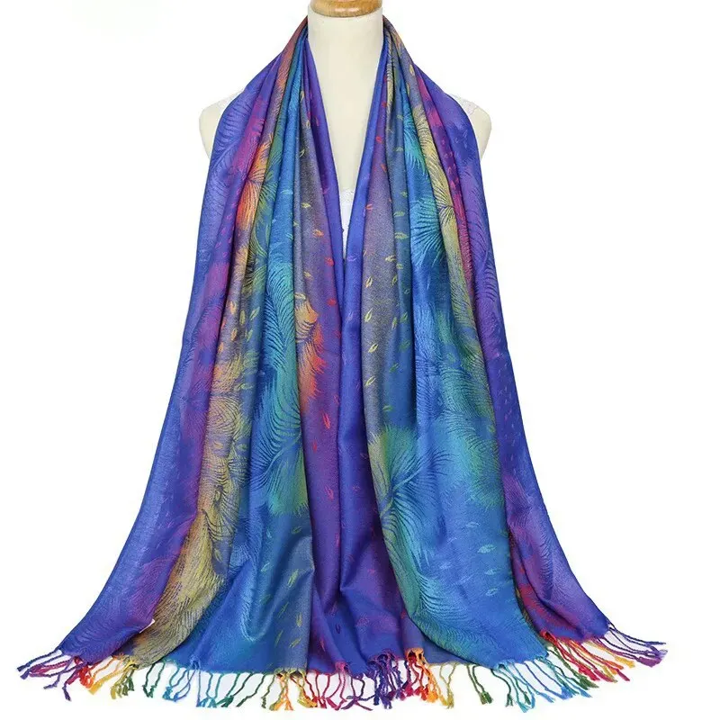 Peacock Feather Jacquard Scarf For Women Elegant Gradient Color Tassel Shawl Windproof Beach Towel Casual Hijab 180*70cm