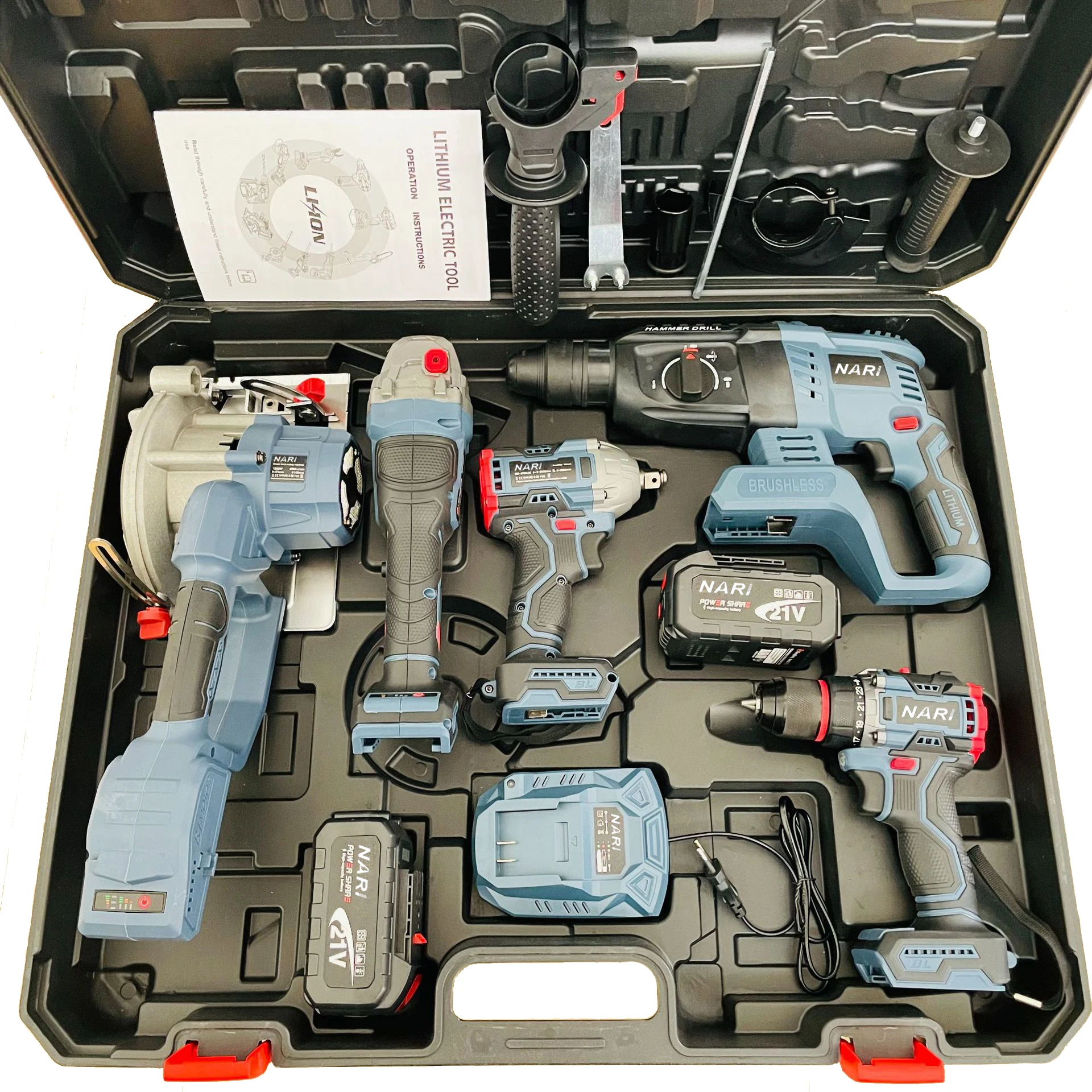 Brushless Cordless 5 in 1 Tool Set Power Wrench Impact Drill Angle Grinder Hammer Circular Saw Brushless Power Tool Set