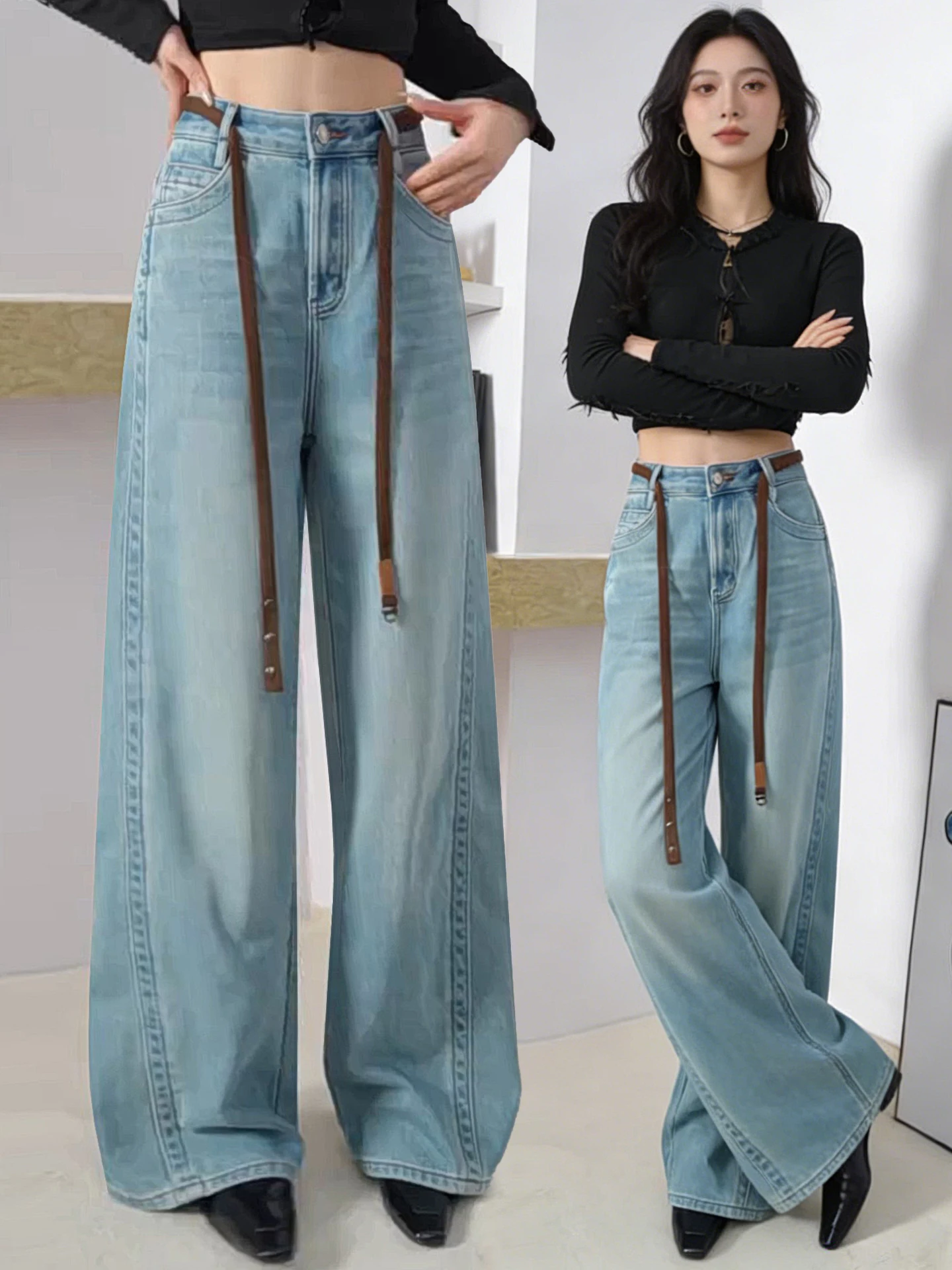 

Slim Wide Leg Denim Jeans Women's Light Blue High Waist Straight Leg Pants Casual Style Spring Autumn Winter New Popular Model