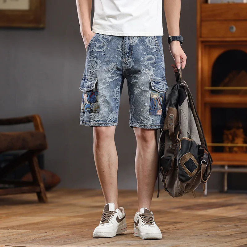 

Denim Shorts Men's Summer Loose Straight Trend Embroidered Printed Chinese Fashion Multi-Pocket Street Shorts