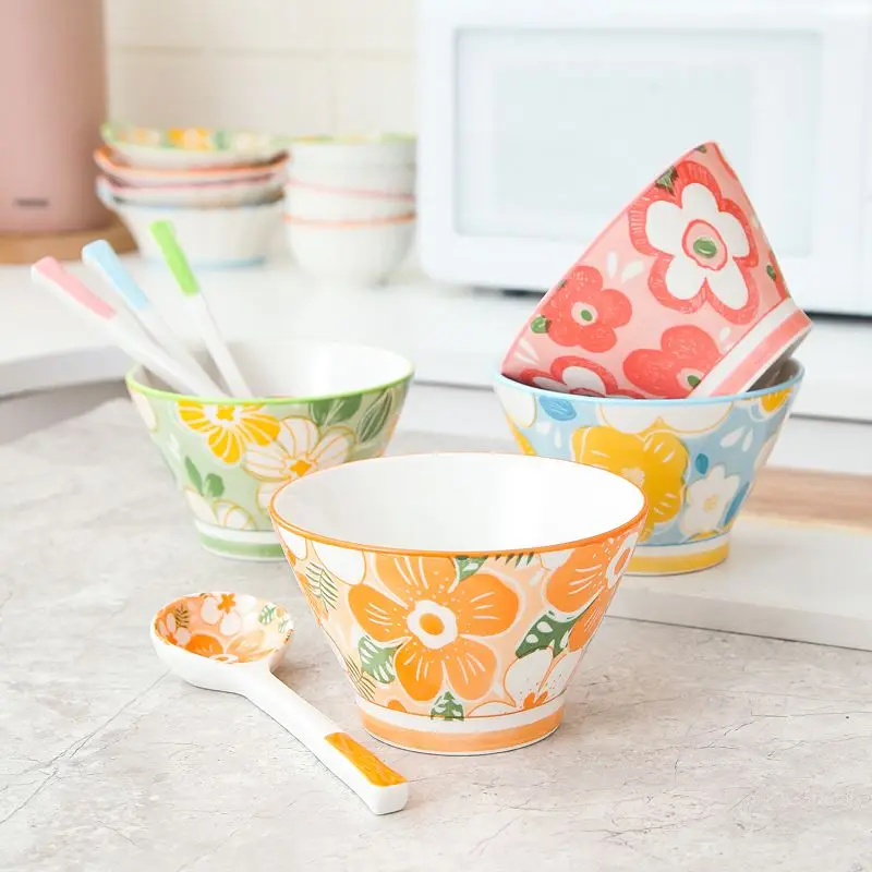 

Set of 4 Xindeks Ceramic Soup Bowls with Spoons - Cutlery Bowl Set