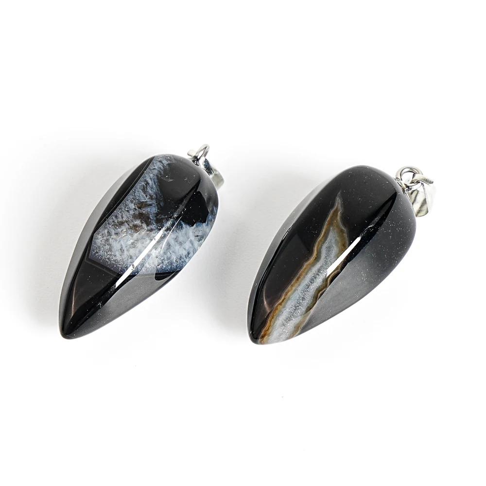 NATURAL BLACK AGATE CONE PENDANT 31X14MM GLOSSY GEMSTONE CHARM WITH METAL LOOP FOR HANDMADE NECKLACE DIY JEWELRY ACCESSORY CRAFT 5