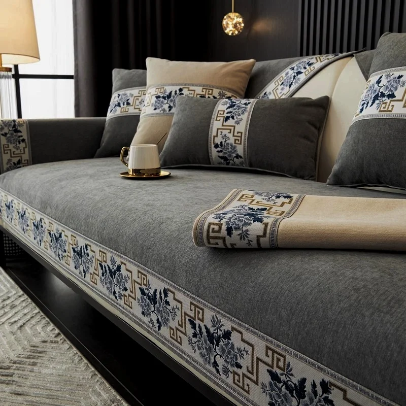 Solid Chenille Sofa Cover Delicate Lace Decor for All Seasons Living Room Non-slip Sofa Seat Cover Couch Slipcover, Sofa Towel