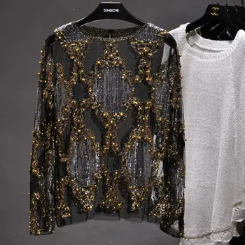 Luxusní dámské křišťálové flitry výšivka halenka krajka geometrické těžké korálky košile sexy blusy camisa kluby duté topy 2019 10 nejlepší prodej halenka s flitry - №8