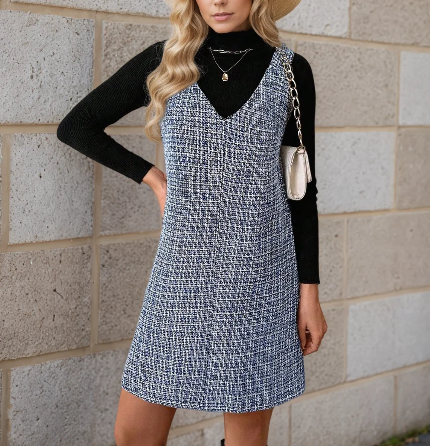 เดรสผู้หญิง 2025 ฤดูใบไม้ผลิ ฤดูใบไม้ร่วง ใหม่ แขนกุด คอวี ลายดอกไม้หนา ลายสก็อต อเนกประสงค์ สไตล์ลำลอง ทรงตรง มินิเดรสแบบเสื้อกั๊ก