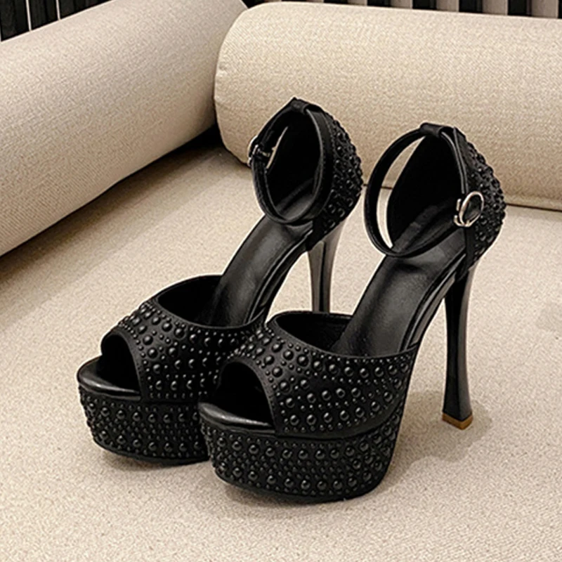 

Liyke Designer Black Rhinestone Platform High Heels Banquet Party Dress Shoes Sexy Peep Toe Stiletto Sandals Women Pumps Size 41