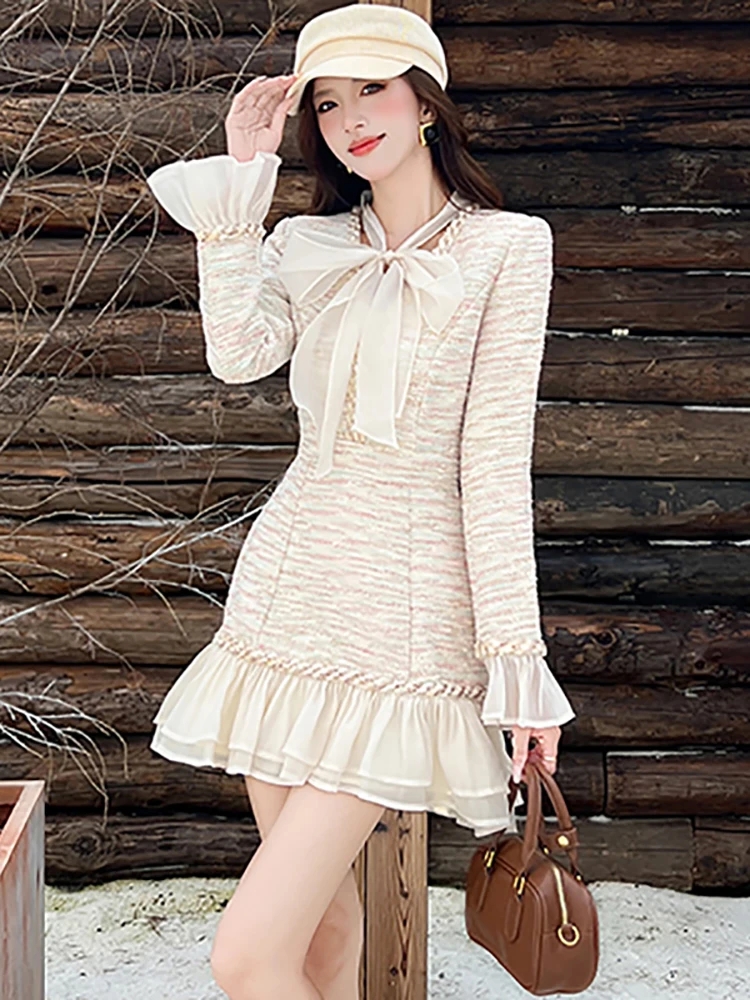 

Women Fashion Patchwork Bow V-Neck Y2k Mini Dress Autumn Winter Elegant Ruffled A-Line Dress 2025 Korean Bodycon Birthday Dress