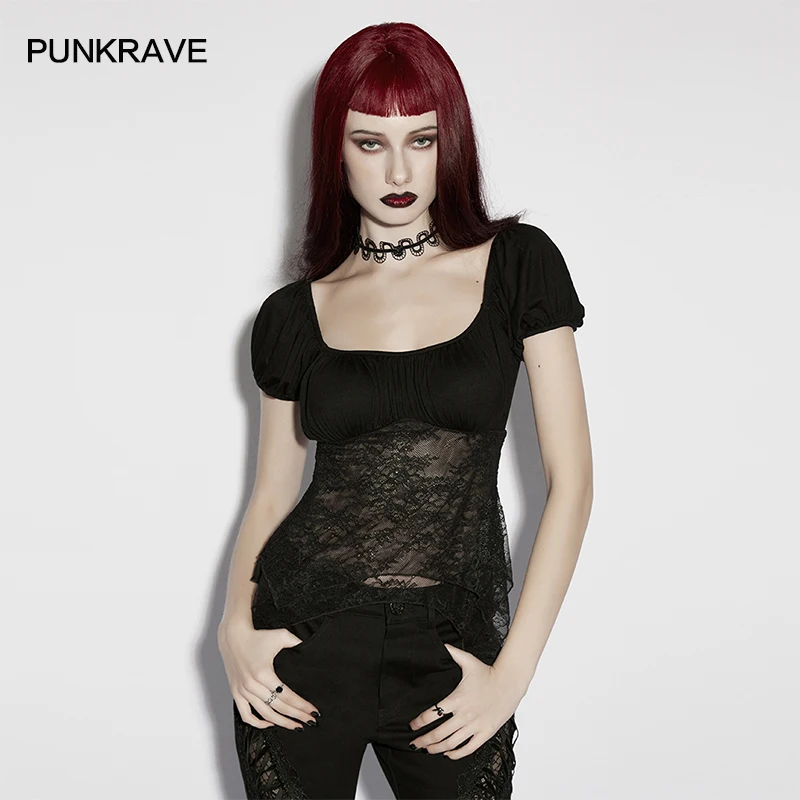 

Женская готическая трикотажная футболка PUNK RAVE с кружевом, квадратным вырезом, складками на груди, сексуальная, атмосферная, с асимметричным кроем, летняя