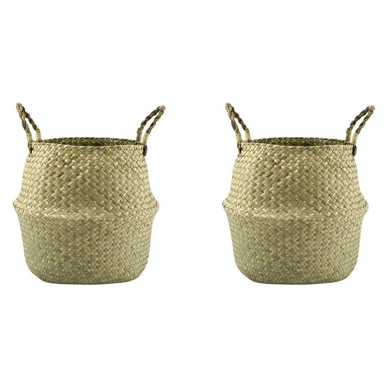 

2X Natural Seagrass Belly Basket, 31Cm Collapsible Handmade Plant Pot Planter Weave Tote Basket With Handle