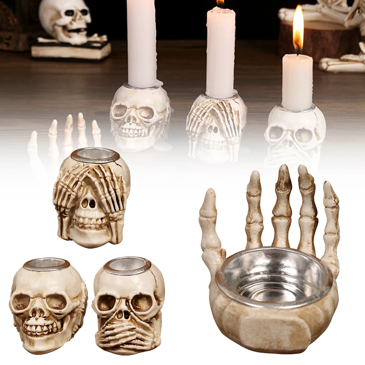 

Amazing Halloween Skull Candle Holder Resin Candlestick Ornament Party Home Desktop Decoration Gift Haunted House Horror Props