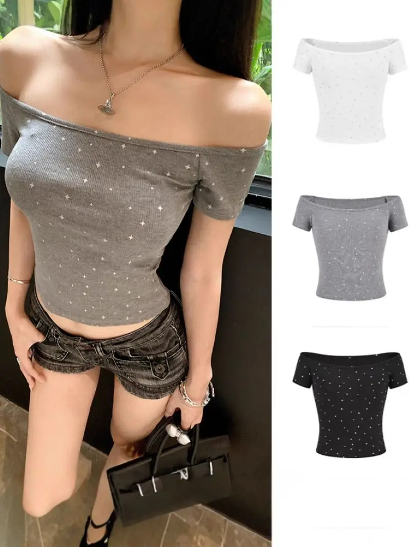 Ins Style Pure Desire Spicy Girl Short‑Cut Off‑the‑Shoulder Short‑Sleeve T‑Shirt for Women, Summer New Arrival