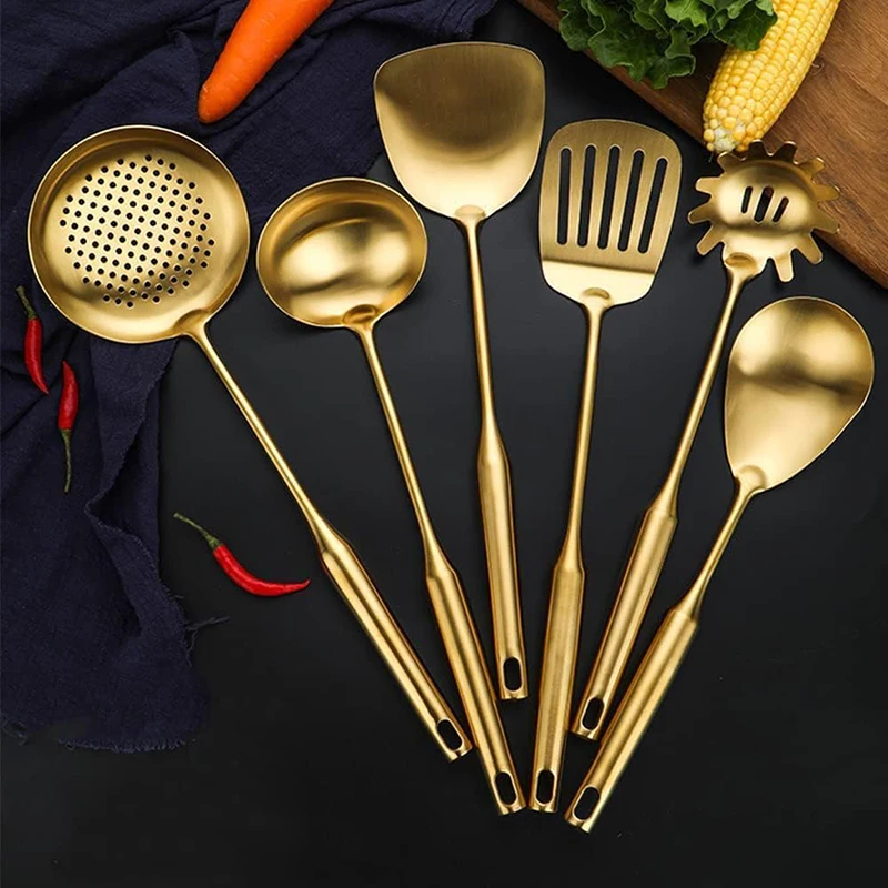 6/7Pcs Golden Kitchen Utensils Set, Stainless Steel Cooking Tools Serving Utensils - Turner Soup Ladle Strainer Pasta Server